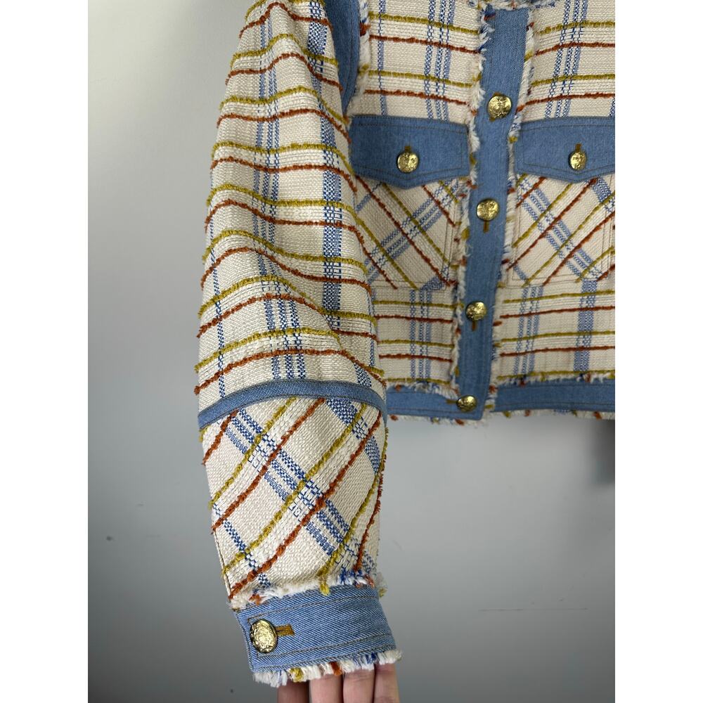 Veronica Beard Nilaja Cropped Jacket in Multi Plaid Size 6 Denim Trim EUC - Picture 9 of 9